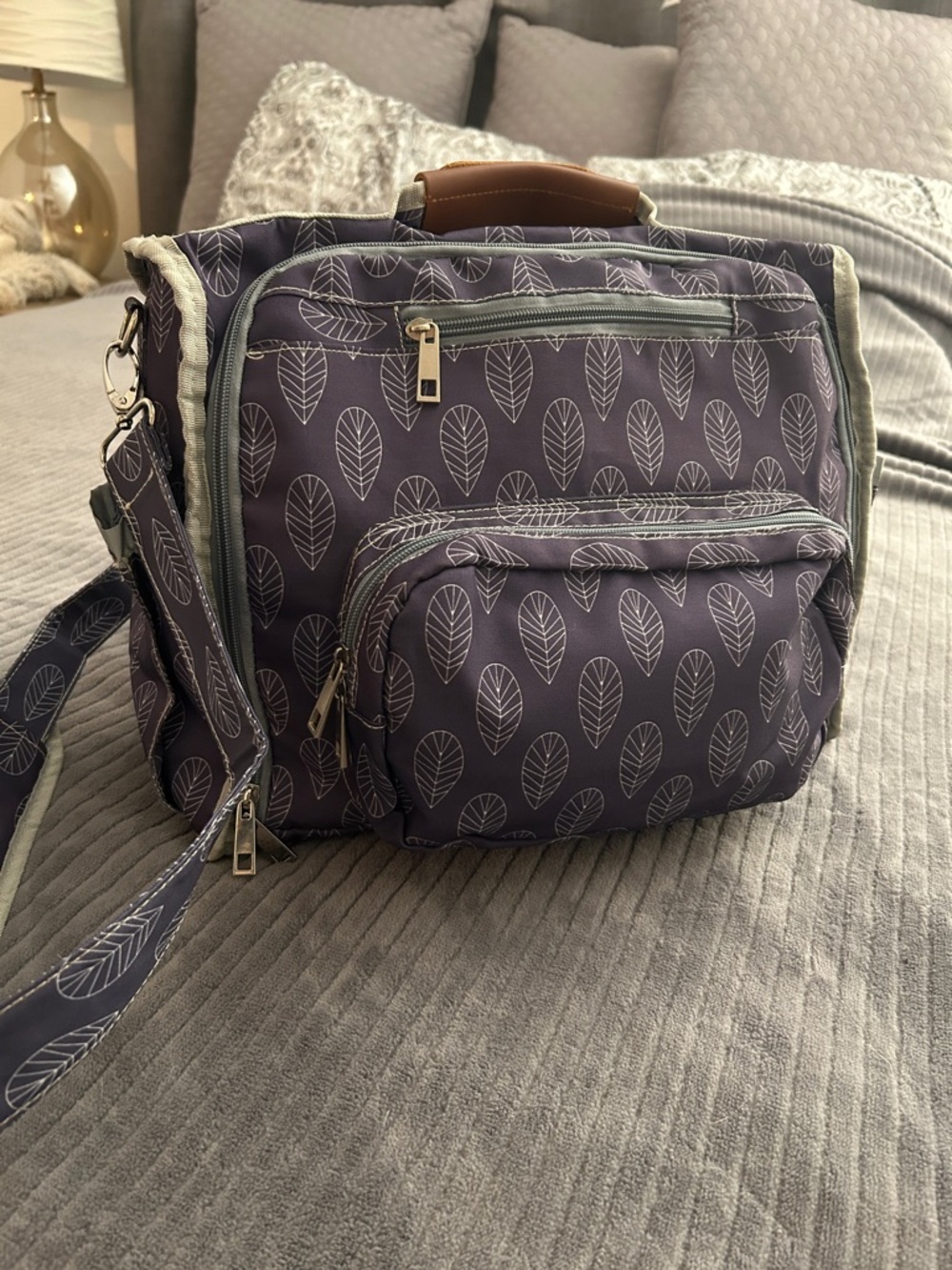 Purple Leaf Print Multi-way Crossbody, Messenger, or Backpack Style Diaper Bag